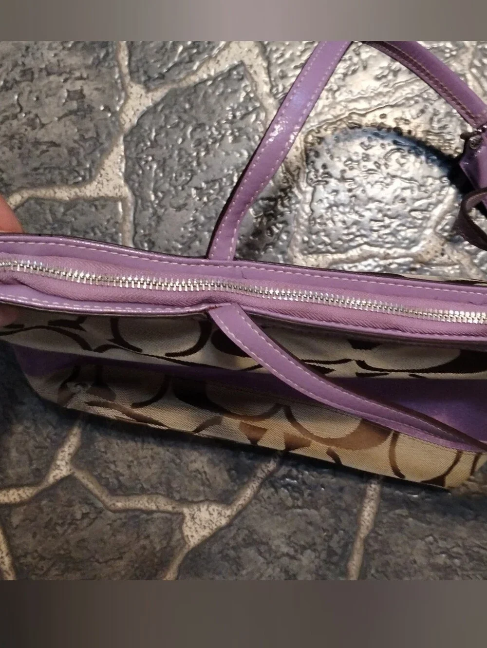 COACH Signature Logo Stripe handbag khaki purple double leather handles VINTAGE